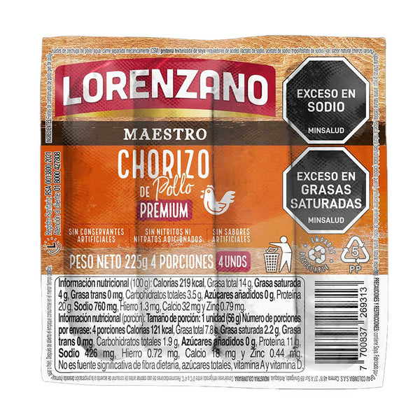 Chorizo de pollo premium Lorenzano, línea Mestro