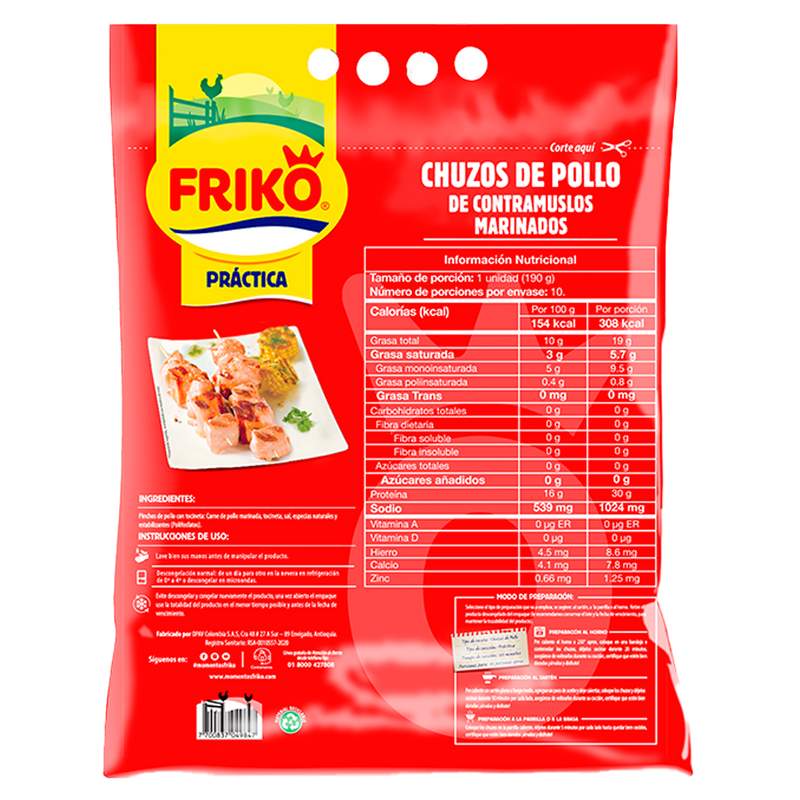 Chuzos de contramuslo de pollo con tocineta Friko Bolsa Congelado